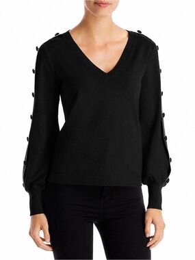 Karl Lagerfeld Black V-Neck Sweater with Button-Trim Sleeves